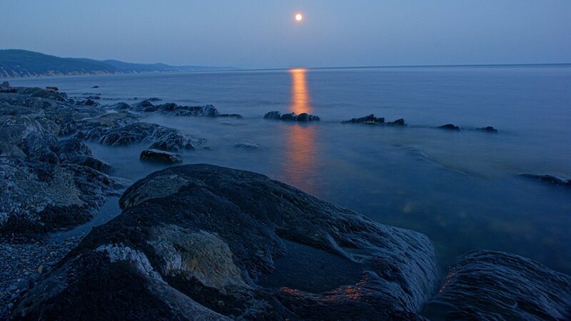 Moonrise over Rocky Shore — Blue