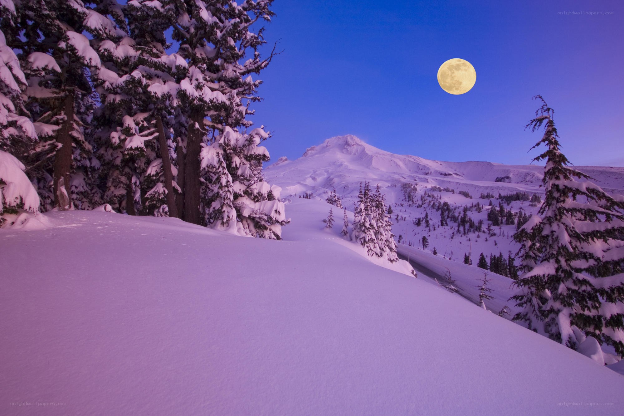 Moonrise over snowy mountain