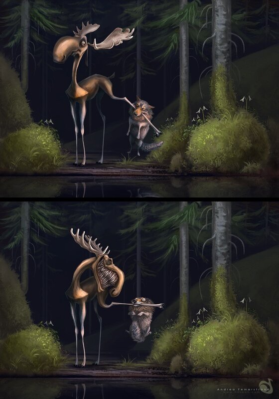 Moose and wolf encounter