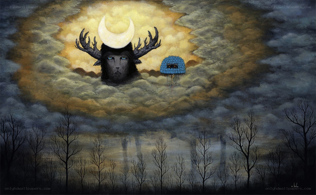 moose-headed figure in cloudy sky