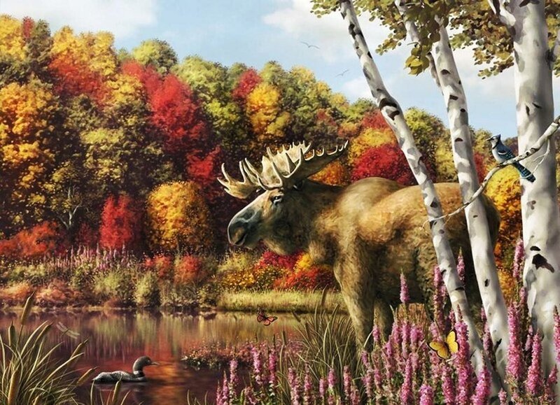 Moose in Autumn Forest — Red, Serene