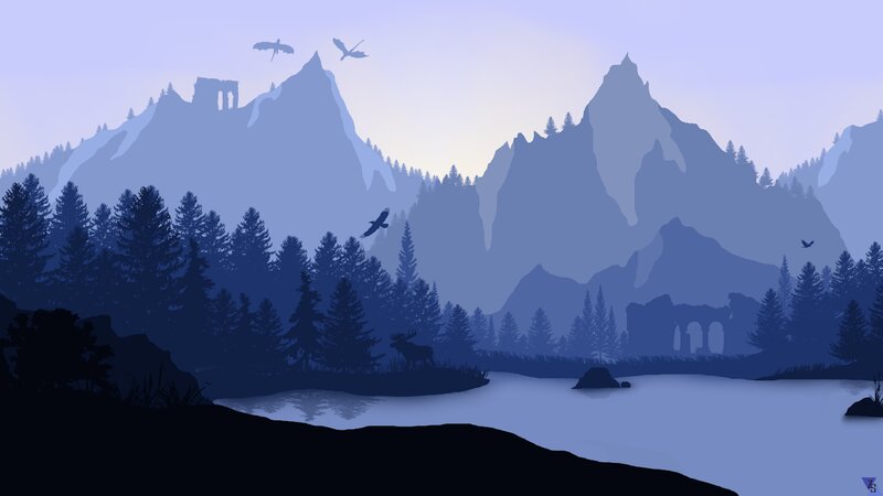 Moose in Forest — Blue, Serene, Sunset, Digital Art