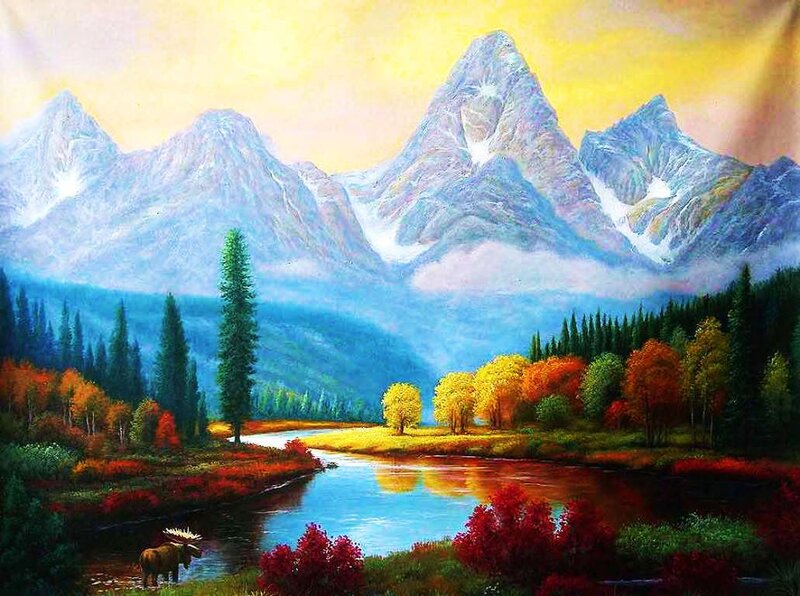 Moose in River — Blue, Serene, Autumn