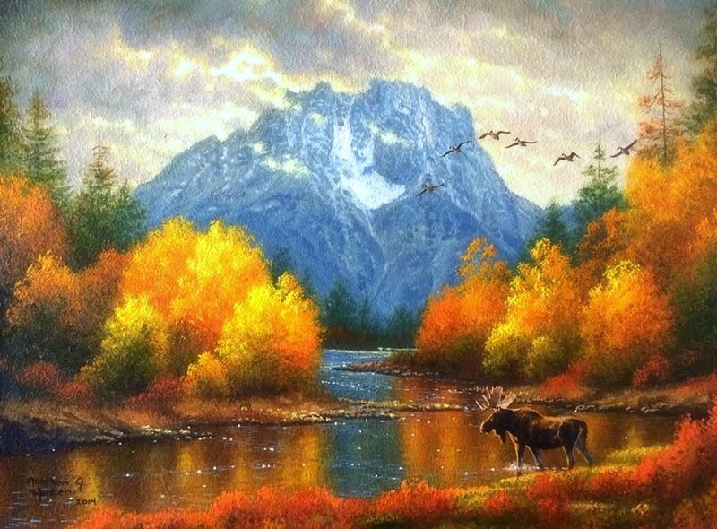 Moose in River — Orange, Serene, Autumn, Painting