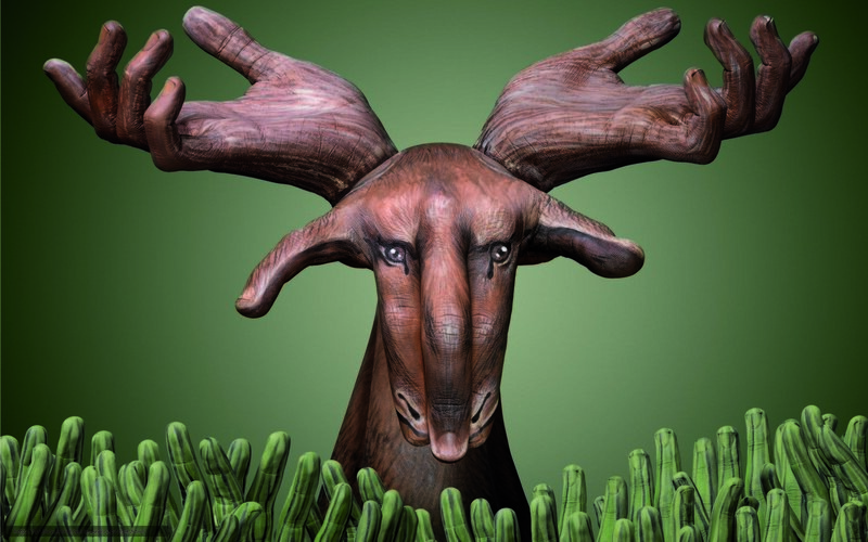 Moose with Hand Antlers — Green, Surreal, Digital Art