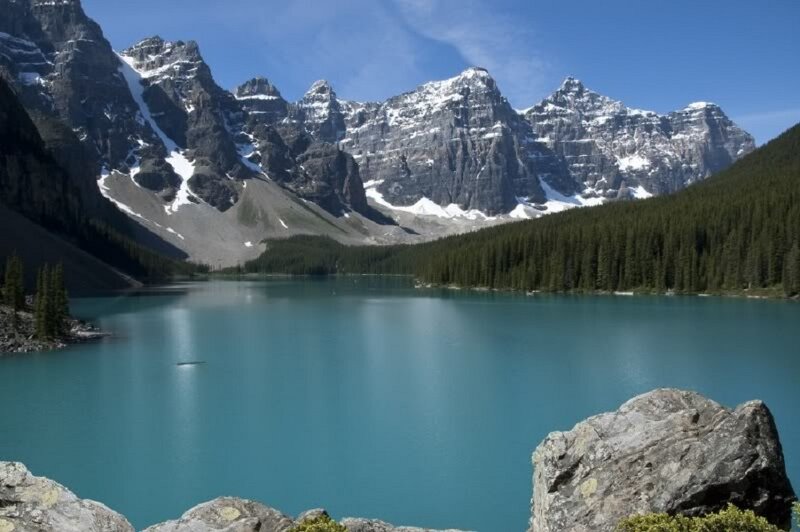 Moraine Lake and Mountains — Blue, Serene, Afternoon, Photograph, Forest
