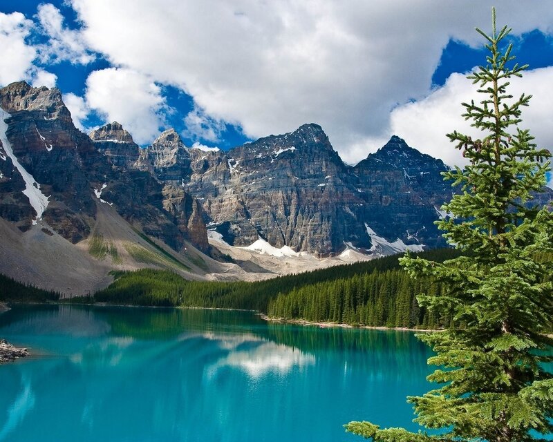 Moraine Lake and Mountains — Blue, Serene, Afternoon, Photograph, Pine Tree, Forest