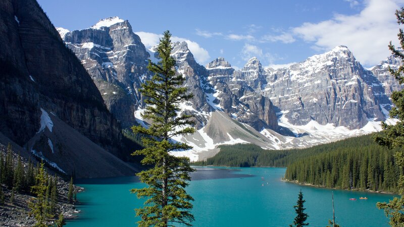 Moraine Lake and Mountains — Blue, Serene, Afternoon, Photograph, Pine Tree