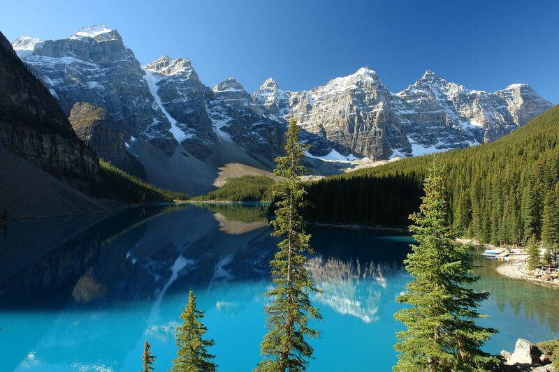 Moraine Lake and Mountains — Blue, Serene, Afternoon, Photograph, Pine Trees, Forest, Snow-capped Peaks