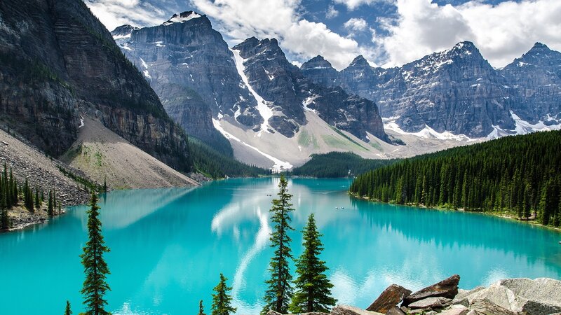 Moraine Lake and Mountains — Blue, Serene, Afternoon, Photograph, Pine Trees, Snow
