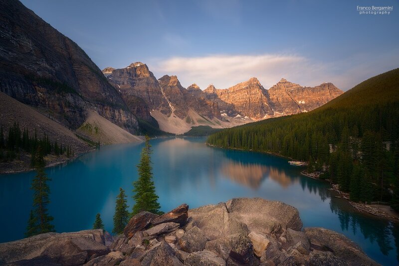 Moraine Lake and Mountains — Blue, Serene, Morning, Photograph, Forest