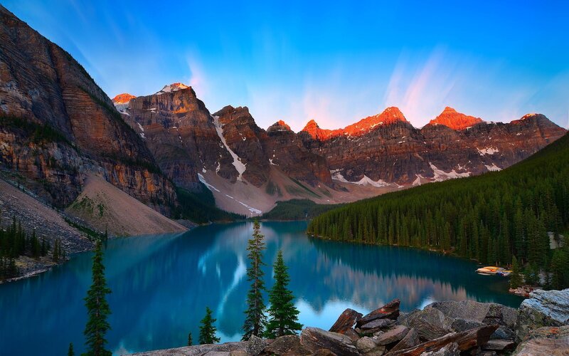 Moraine Lake at Sunrise — Blue, Serene, Photograph, Mountains, Forest, Trees