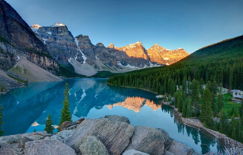 Moraine Lake at Sunrise — Blue, Serene, Photograph, Mountains