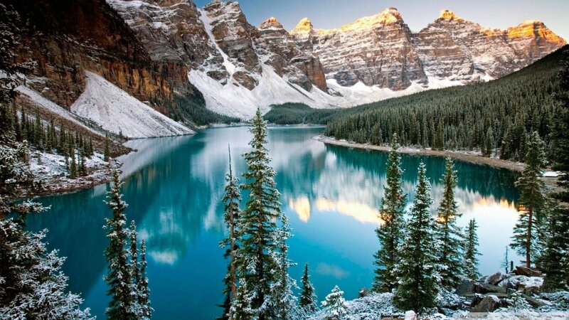 Moraine Lake in Winter — Blue, Serene, Photograph, Snow-covered Trees