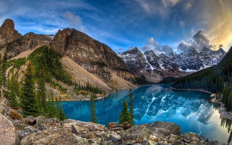Moraine Lake Landscape — Blue, Dramatic, Sunset, Photograph