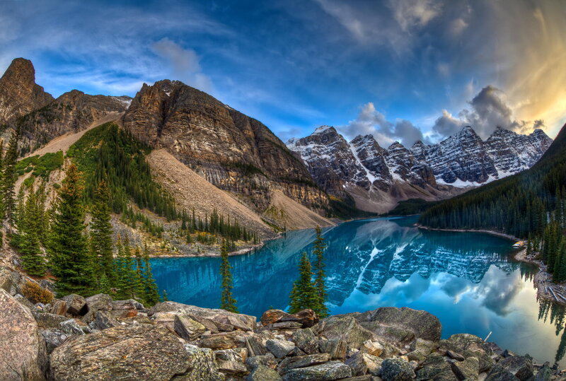 Moraine Lake Landscape — Blue, Dramatic, Sunset
