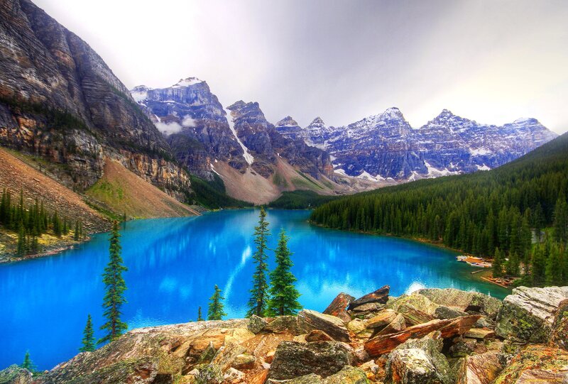 Moraine Lake Landscape — Blue, Serene, Afternoon, Photograph, Mountains, Forest, Trees, Rocks