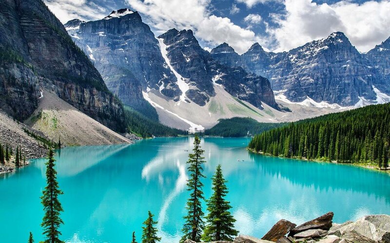 Moraine Lake Landscape — Blue, Serene, Afternoon, Photograph, Mountains, Pine Trees