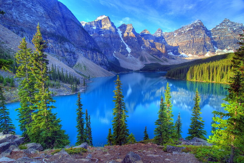 Moraine Lake Landscape — Blue, Serene, Morning, Photograph