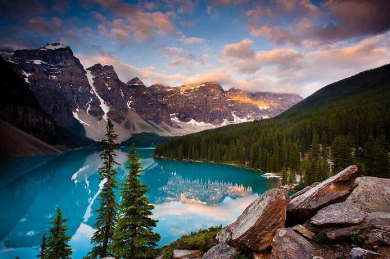 Moraine Lake Landscape — Blue, Serene, Sunset, Photograph, Mountains, Forest