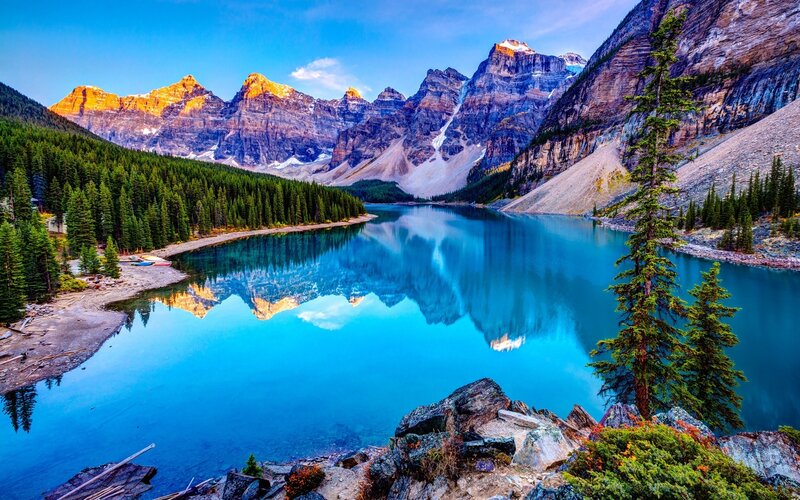 Moraine Lake Landscape — Blue, Serene, Sunset, Photograph, Mountains, Forest, Trees