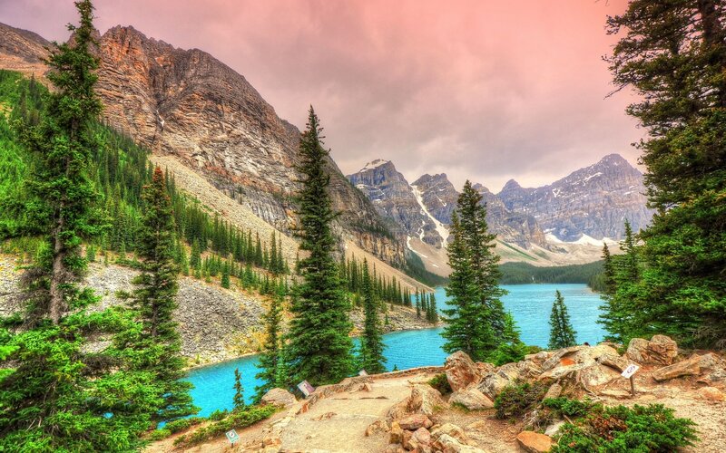 Moraine Lake Landscape — Blue, Serene, Sunset, Photograph, Mountains