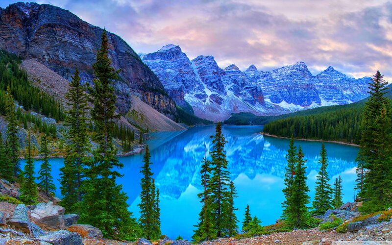 Moraine Lake Landscape — Blue, Serene, Sunset, Photograph, Mountains, Trees
