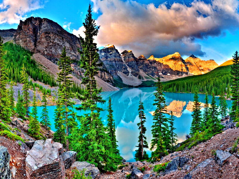 Moraine Lake Landscape — Blue, Serene, Sunset