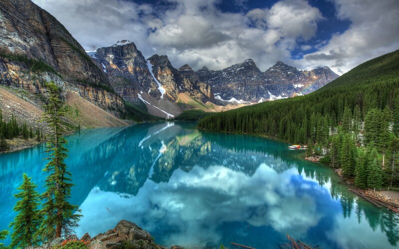 Moraine Lake Reflection — Blue, Serene, Afternoon, Photograph, Mountains, Forest, Clouds