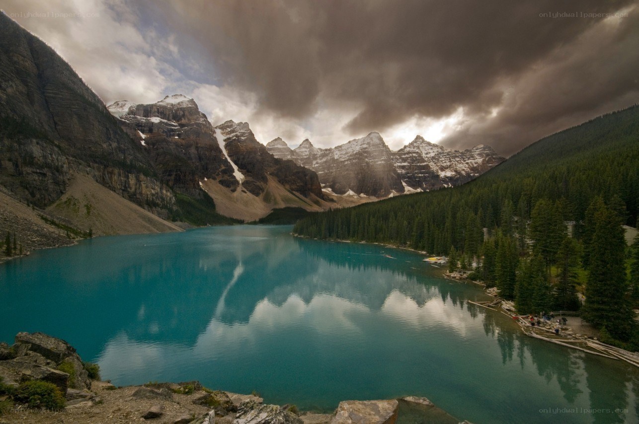 Moraine Lake under stormy sky