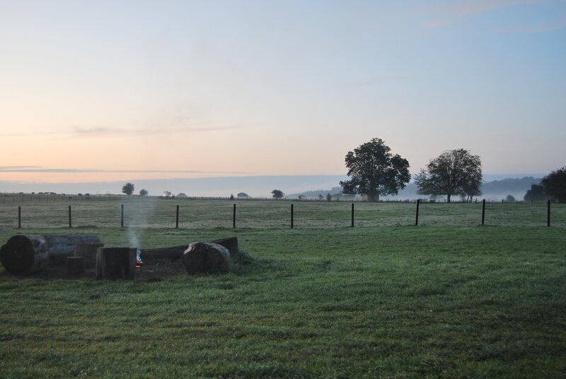 Morning fire in a grassy field