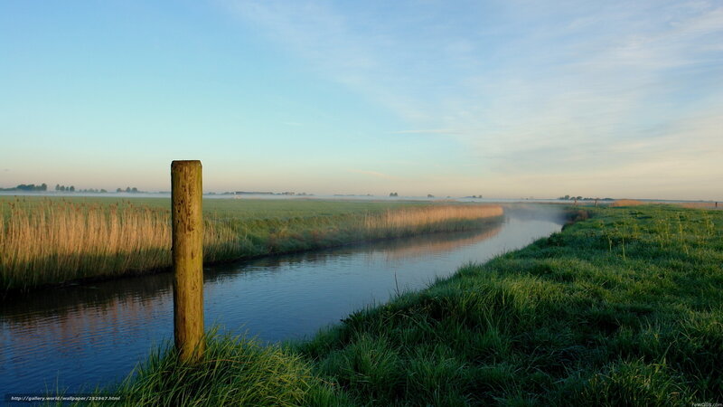 Morning mist over a Dutch canal