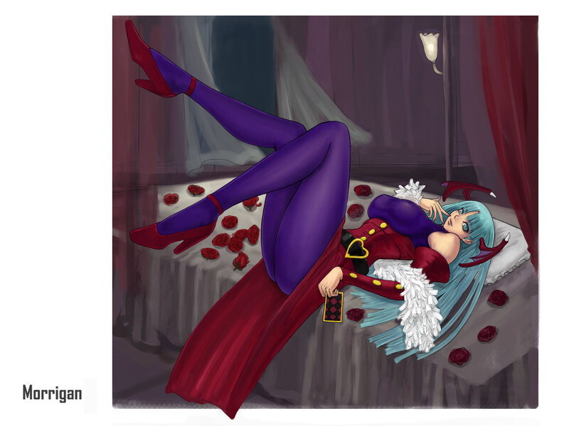 Morrigan on a bed