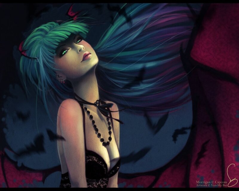 Morrigan with green hair
