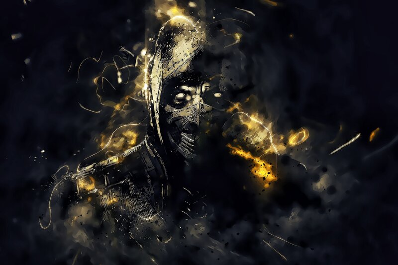 Mortal Kombat Character — Black, Dramatic, Digital Art, Mask, Fire