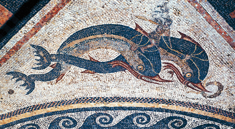 Mosaic of Neptune on dolphin