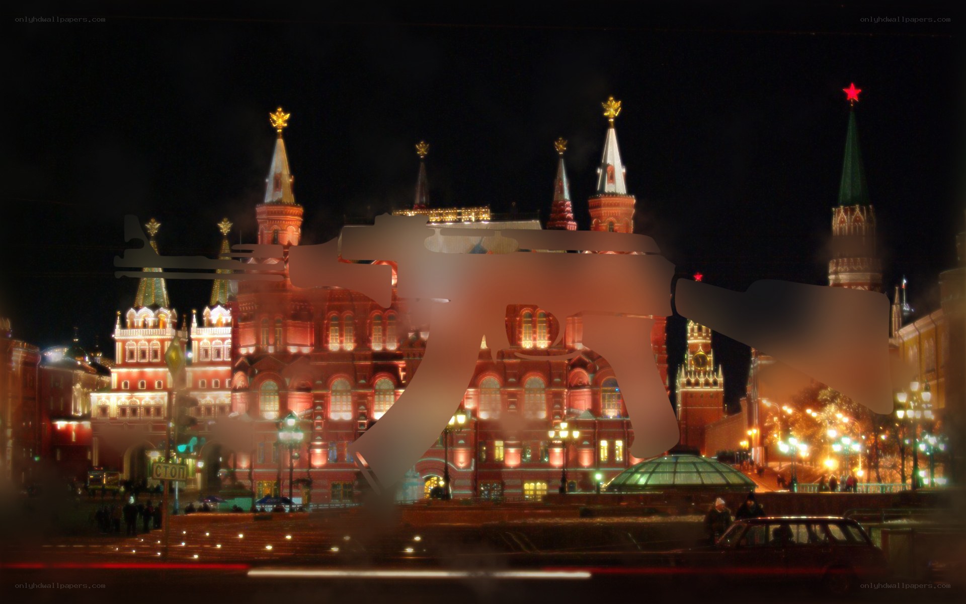 Moscow at night with weapon overlay