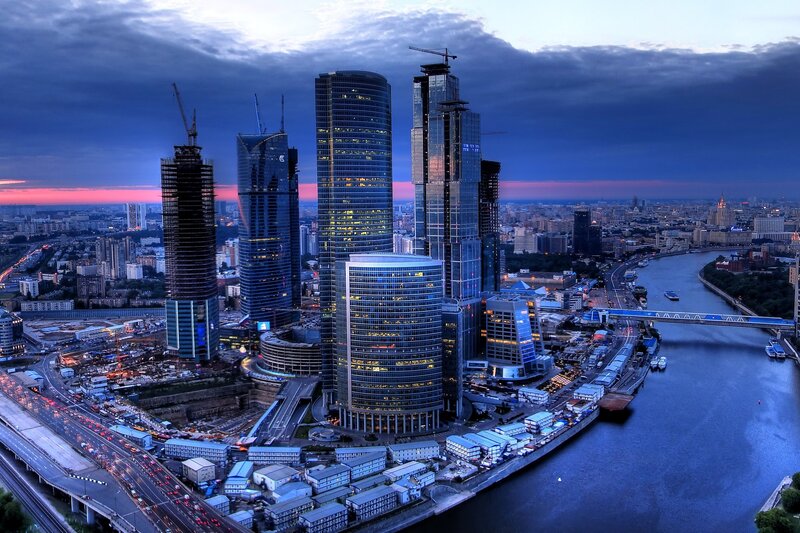 Moscow City Skyline — Blue, Dramatic, Sunset, Photograph