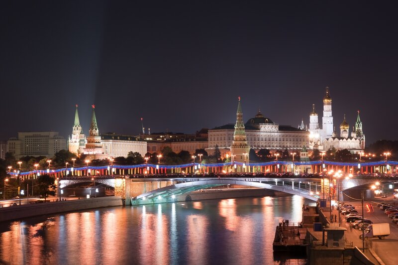 Moscow Kremlin at Night — Black, Dramatic, Photograph
