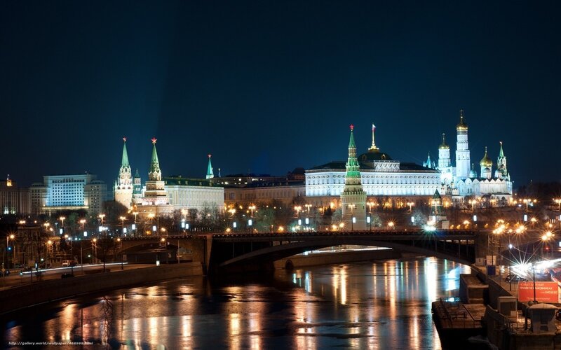 Moscow Kremlin at Night — Blue, Serene, Photograph, River, Bridge, City Lights