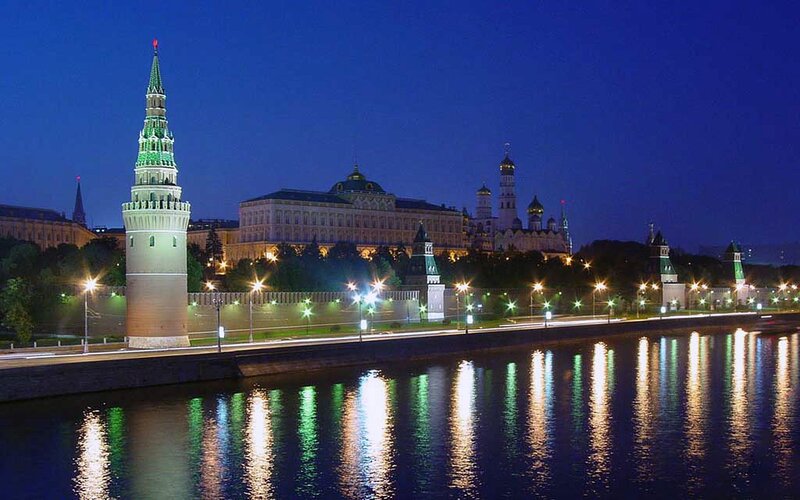 Moscow Kremlin at Night — Blue, Serene, Photograph, River, Tower, Buildings