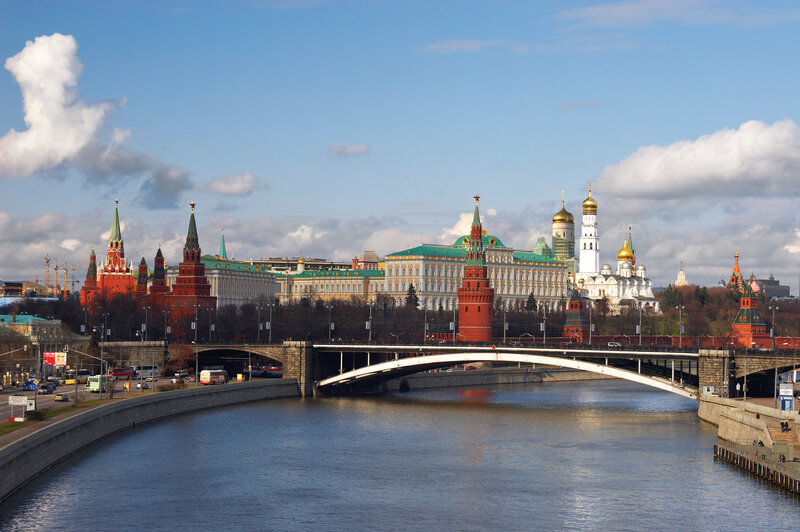 Moscow Kremlin — Blue, Serene, Afternoon, Photograph, River, Bridge, Towers