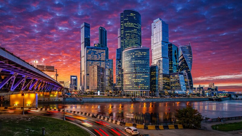 Moscow Skyline at Dusk — Purple, Dramatic
