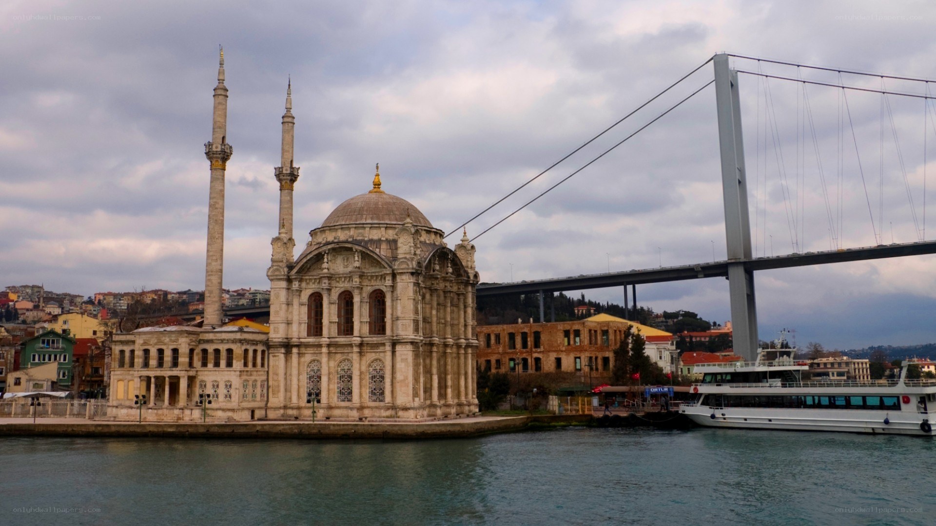 mosque and bridge by the water