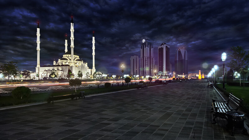 Mosque and City Skyline — Dark Blue