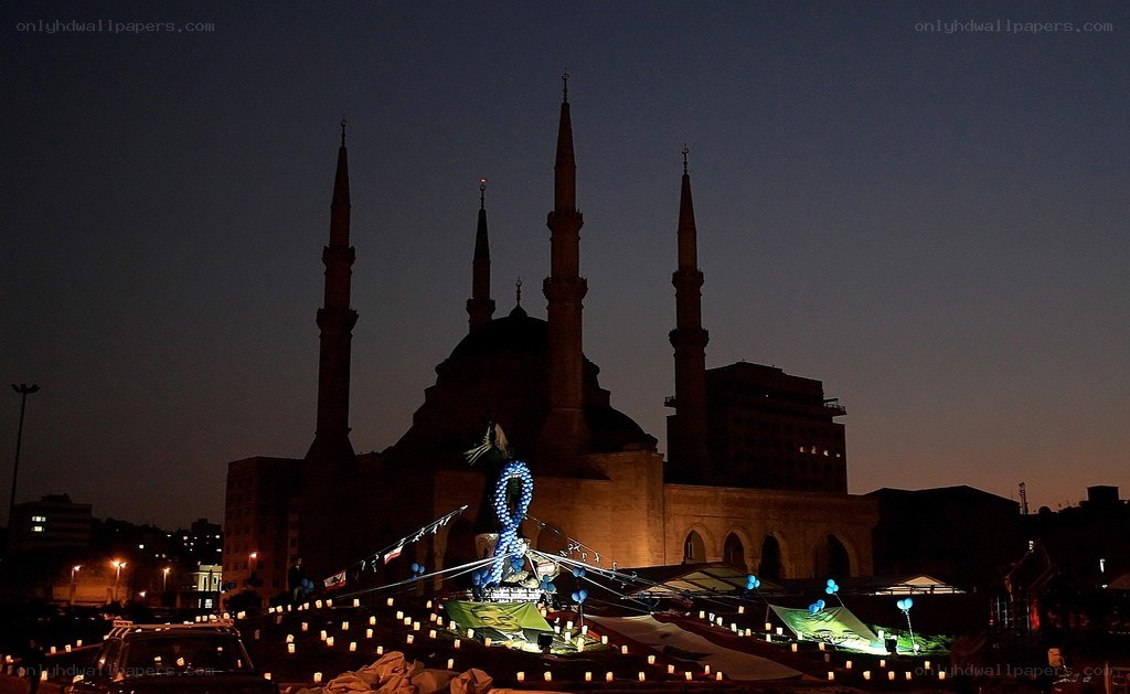 Mosque at dusk with memorial