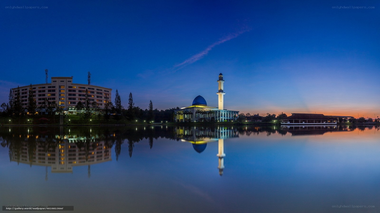 Mosque at dusk with reflection