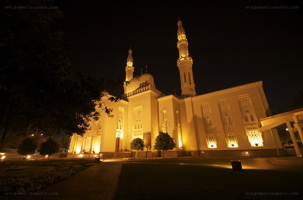 mosque at night with illuminated minarets