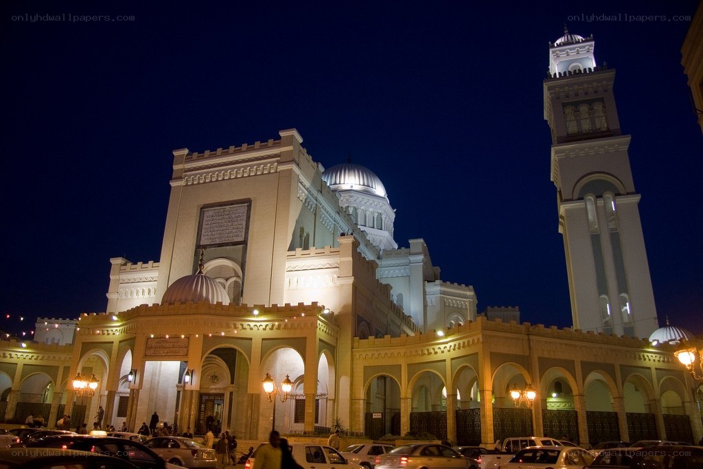 mosque at night with minaret