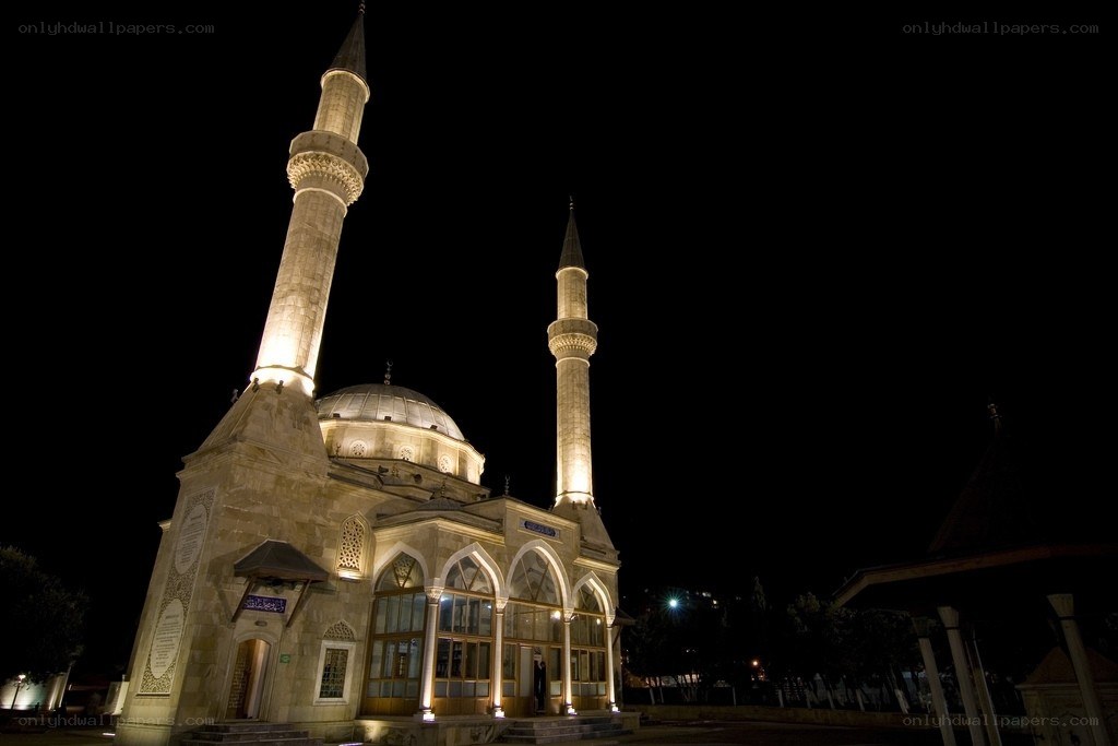 mosque at night with minarets